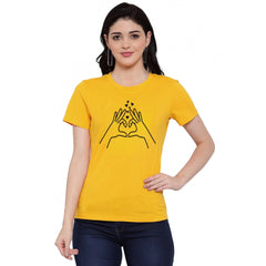 Cotton Blend Heart Hands Line Art Printed T-Shirt (Yellow)