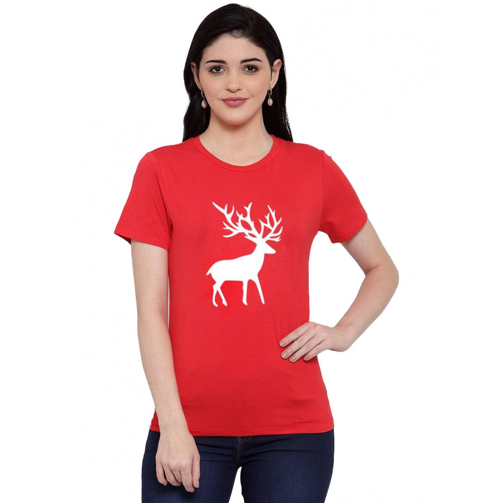 Cotton Blend Deer Printed T-Shirt (Red)