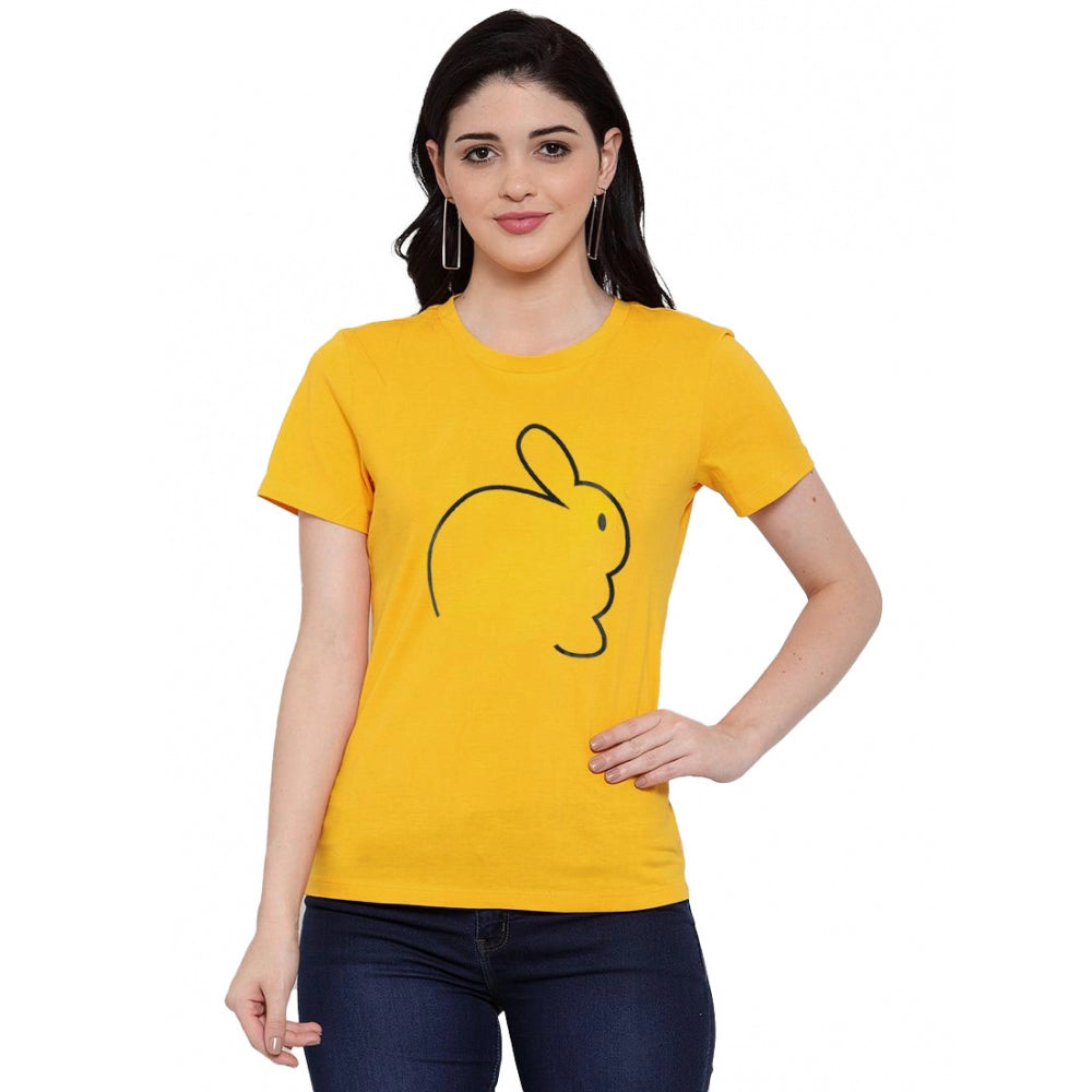 Cotton Blend Rabbit Line Art Printed T-Shirt (Yellow)