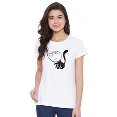 Cotton Blend Cat Printed T-Shirt (White)