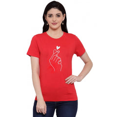 Cotton Blend Hand Heart Line Art Printed T-Shirt (Red)