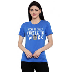 Cotton Blend Born To Sleep Forced To Work Printed T-Shirt (Blue)