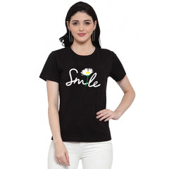 Cotton Blend Smile With Flower Printed T-Shirt (Black)