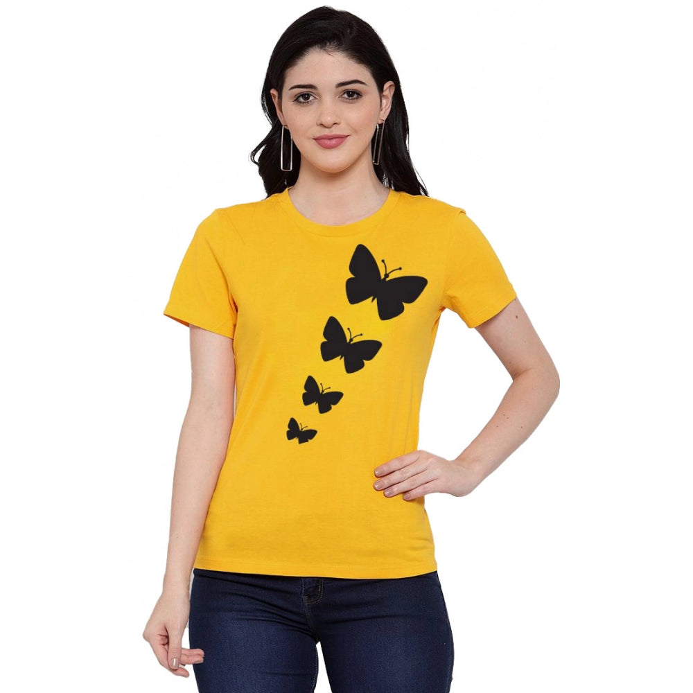 Cotton Blend Butterflies Printed T-Shirt (Yellow)