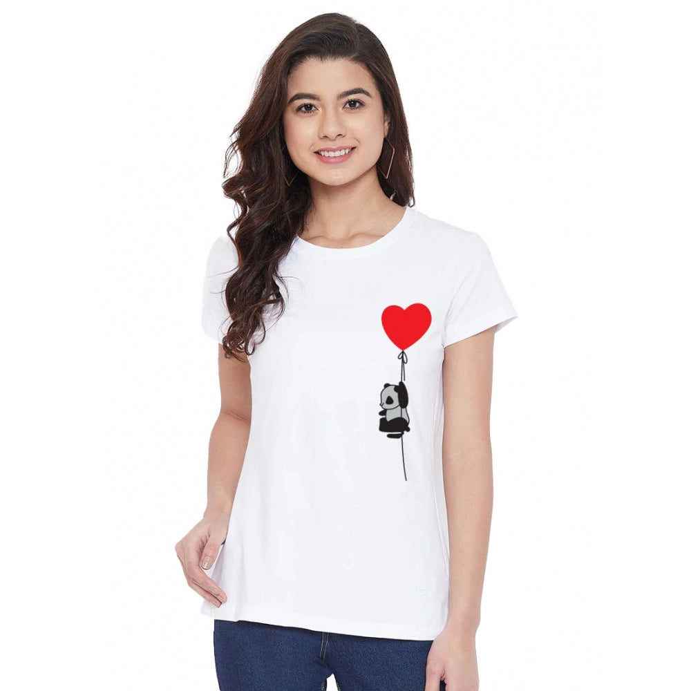 Cotton Blend Panda With Heart Balloon Printed T-Shirt (White)