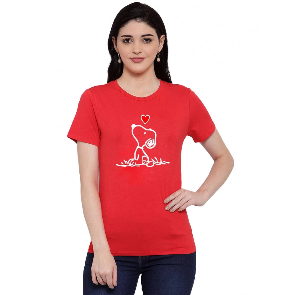 Cotton Blend Snoopy Peanuts Inspired Cartoon Printed T-Shirt (Red)