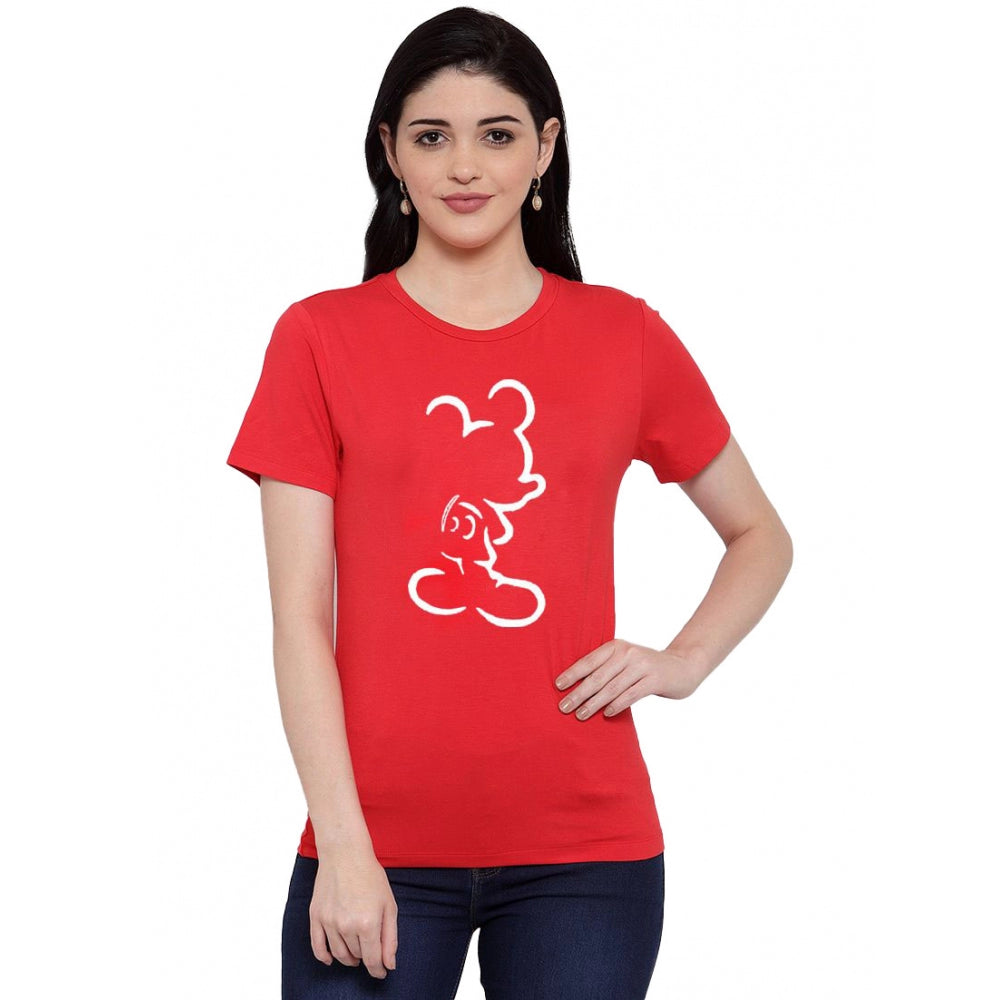 Cotton Blend Mickey Mouse Line Art Printed T-Shirt (Red)