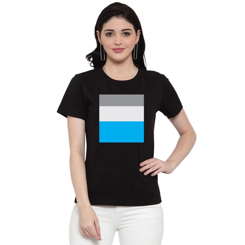 Cotton Blend Three Color Strip Design Printed Printed T-Shirt (Black)