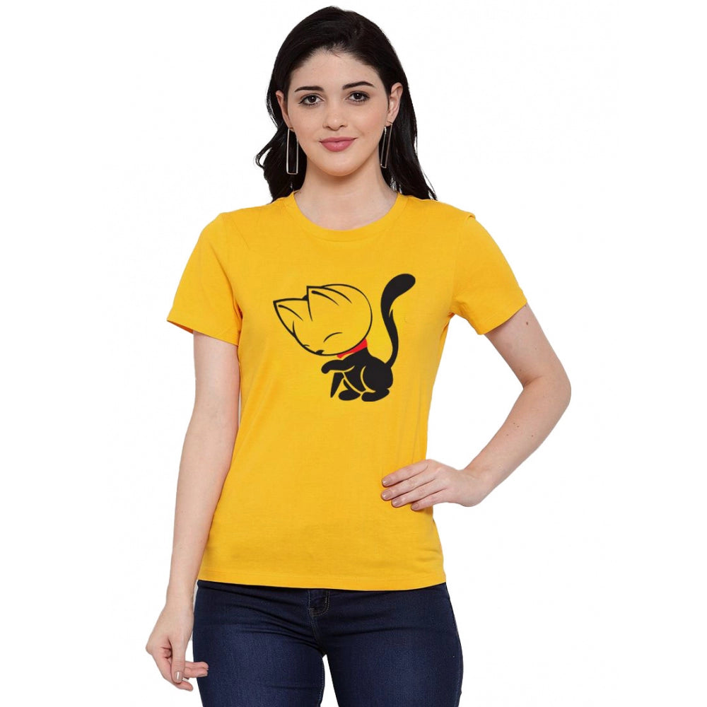 Cotton Blend Cat Printed T-Shirt (Yellow)