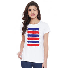 Cotton Blend Purple And Red Lines Printed T-Shirt (White)