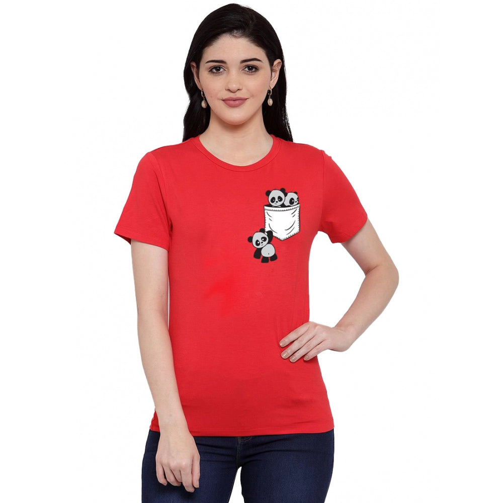 Cotton Blend Pandas In My Pocket Printed T-Shirt (Red)