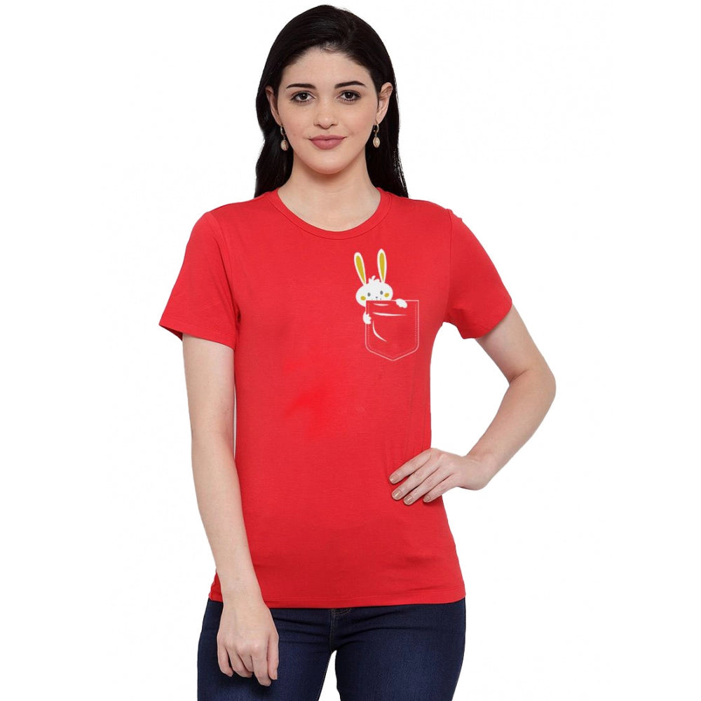 Cotton Blend Rabbit Printed T-Shirt (Red)