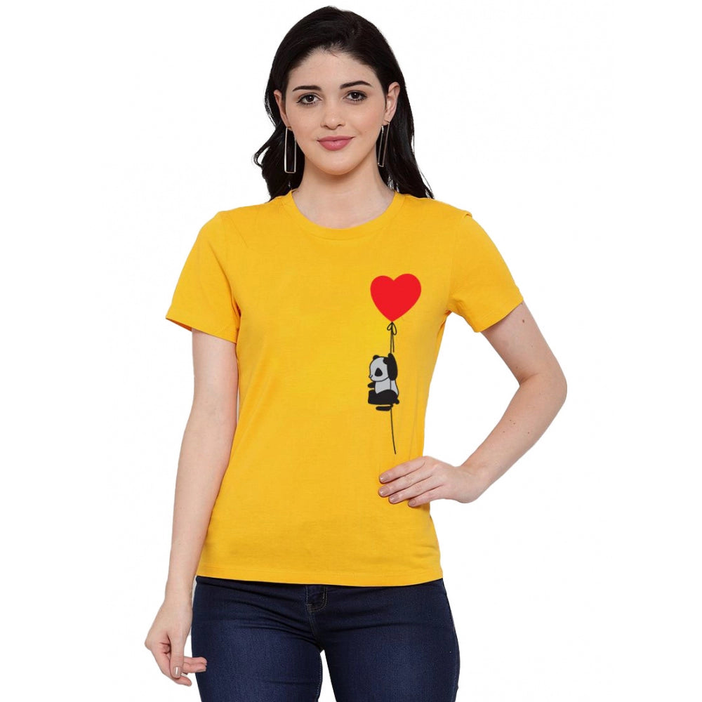 Cotton Blend Panda With Heart Balloon Printed T-Shirt (Yellow)