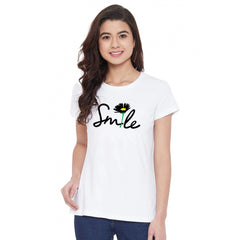 Cotton Blend Smile With Flower Printed T-Shirt (White)