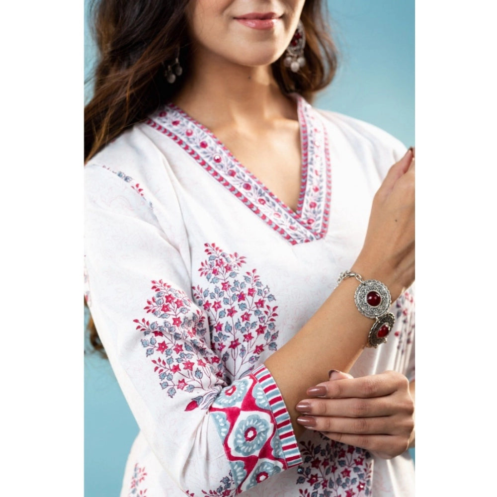 Women's Casual 3/4th Sleeve Floral Print Cotton Kurti Set (Off White)