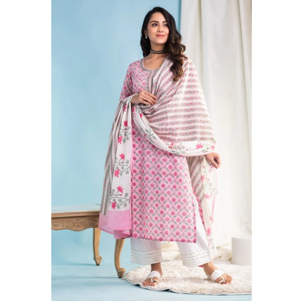 Women's Casual 3/4th Sleeve Printed Cotton Kurti Set (Pink)