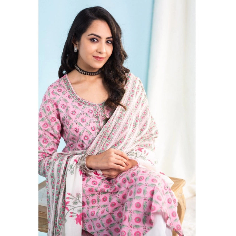 Women's Casual 3/4th Sleeve Printed Cotton Kurti Set (Pink)