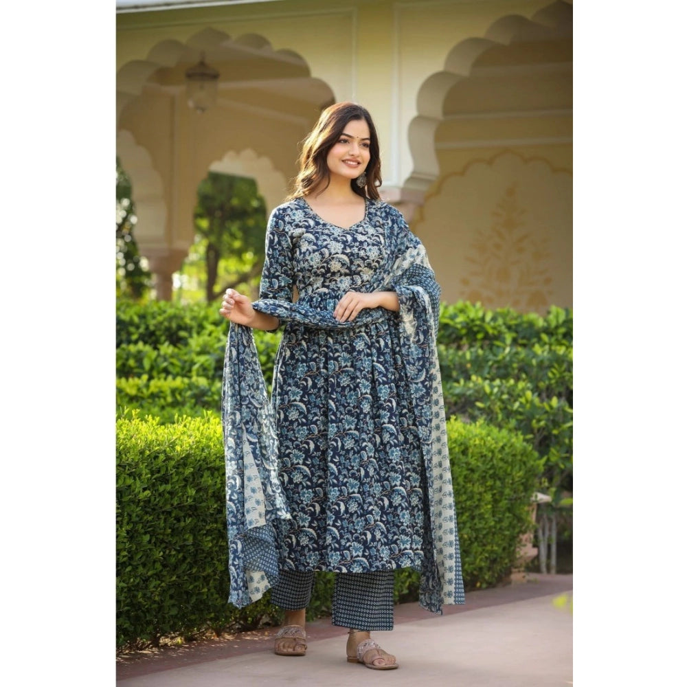 Women's Casual 3/4th Sleeve Printed Cotton Kurti Set (Navy Blue)