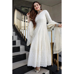 Women's Casual 3/4th Sleeve Embroidered Cotton Gown (White)