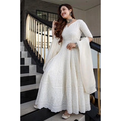 Women's Casual 3/4th Sleeve Embroidered Cotton Gown (White)