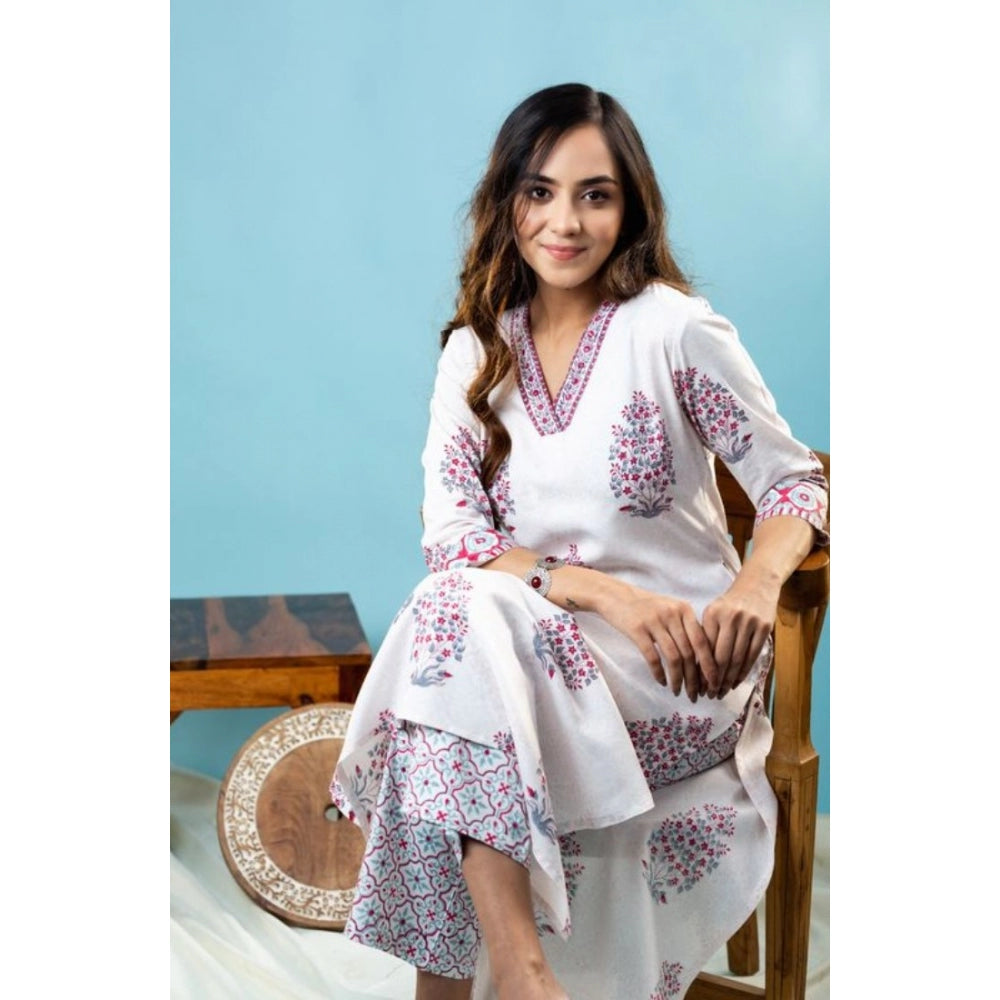 Women's Casual 3/4th Sleeve Floral Print Cotton Kurti Set (Off White)