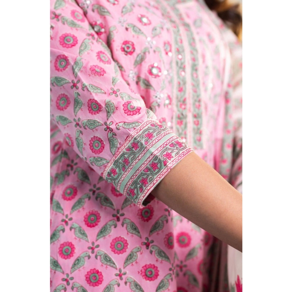 Women's Casual 3/4th Sleeve Printed Cotton Kurti Set (Pink)