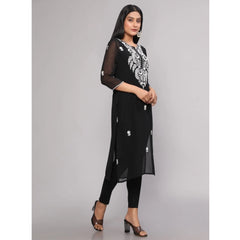 Women's Casual 3/4th Sleeve Embroidered Georgette Kurti (Black)