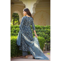 Women's Casual 3/4th Sleeve Printed Cotton Kurti Set (Navy Blue)