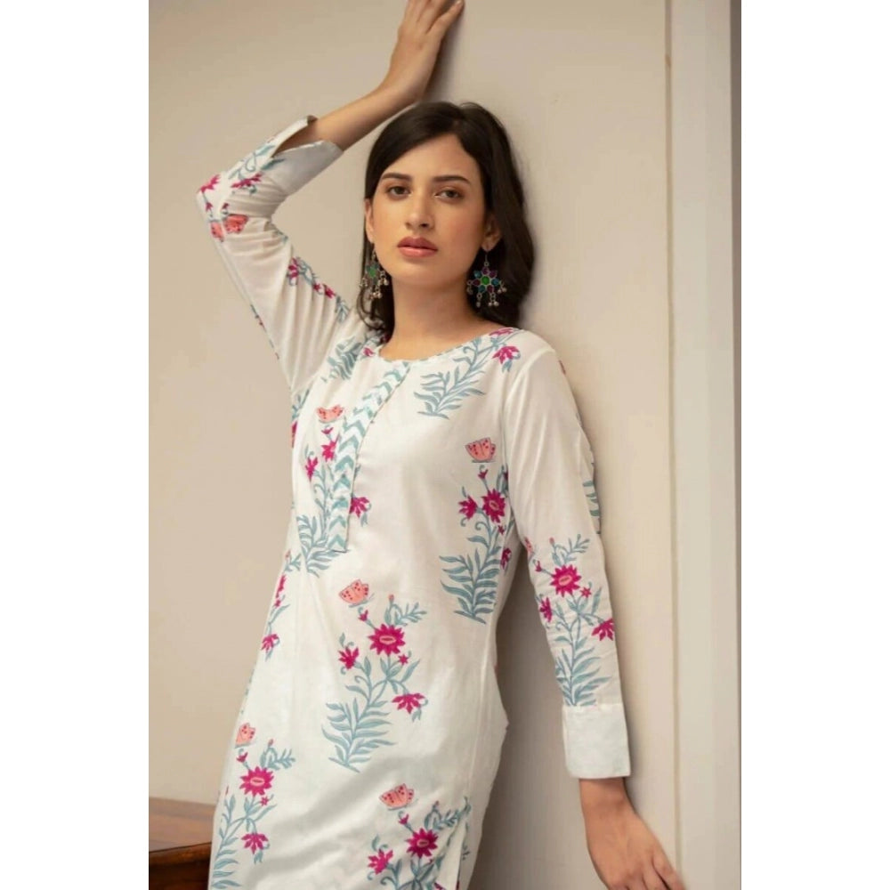 Women's Casual 3/4th Sleeve Floral Print Cotton Kurti Set (White)