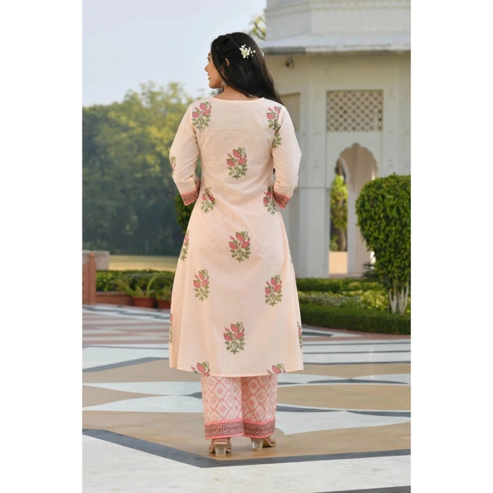 Women's Casual 3/4th Sleeve Floral Print Cotton Kurti Set (Pink)