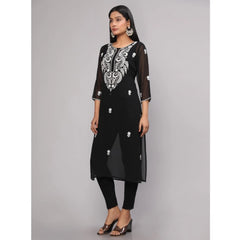 Women's Casual 3/4th Sleeve Embroidered Georgette Kurti (Black)