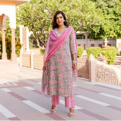 Women's Casual 3/4th Sleeve Printed Cotton Kurti Set (Pink)