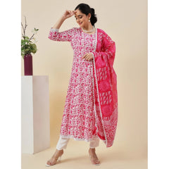 Women's Casual 3/4th Sleeve Printed Cotton Kurti Set (Pink)