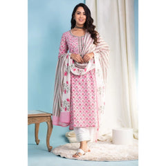 Women's Casual 3/4th Sleeve Printed Cotton Kurti Set (Pink)