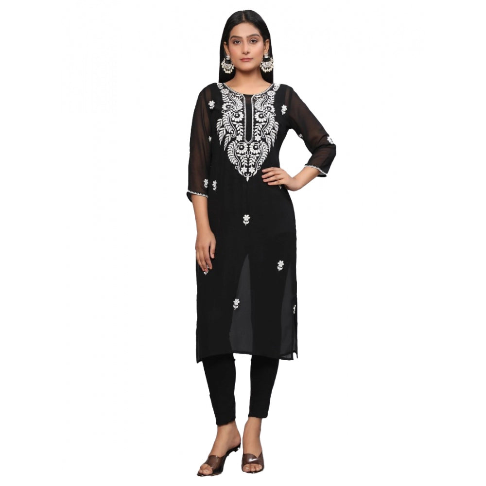 Women's Casual 3/4th Sleeve Embroidered Georgette Kurti (Black)