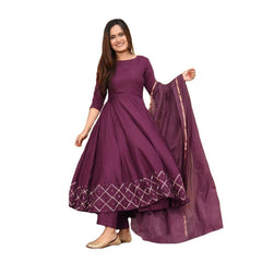 Women's Casual 3/4th Sleeve Solid Cotton Kurti Set (Wine)