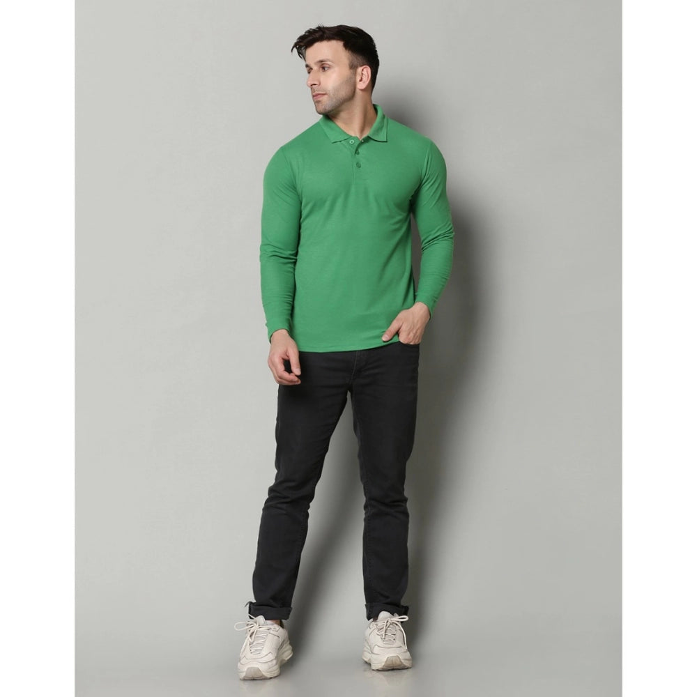 Men's Casual Full Sleeve Solid Cotton Blended Polo Neck T-shirt (P.Green)