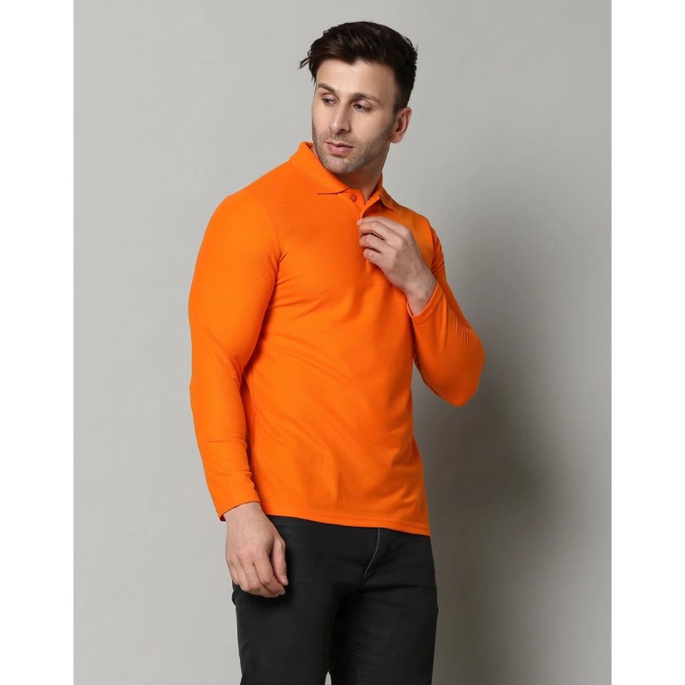 Men's Casual Full Sleeve Solid Cotton Blended Polo Neck T-shirt (Orange)