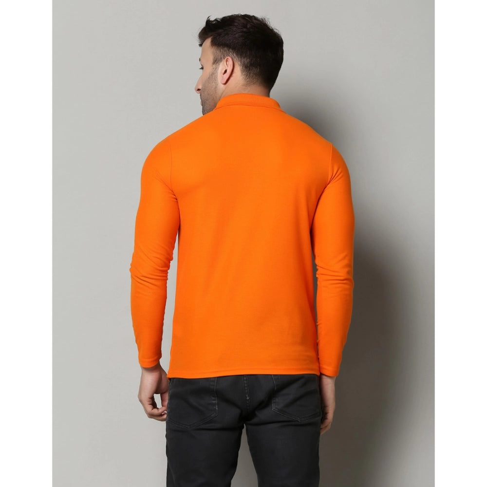 Men's Casual Full Sleeve Solid Cotton Blended Polo Neck T-shirt (Orange)