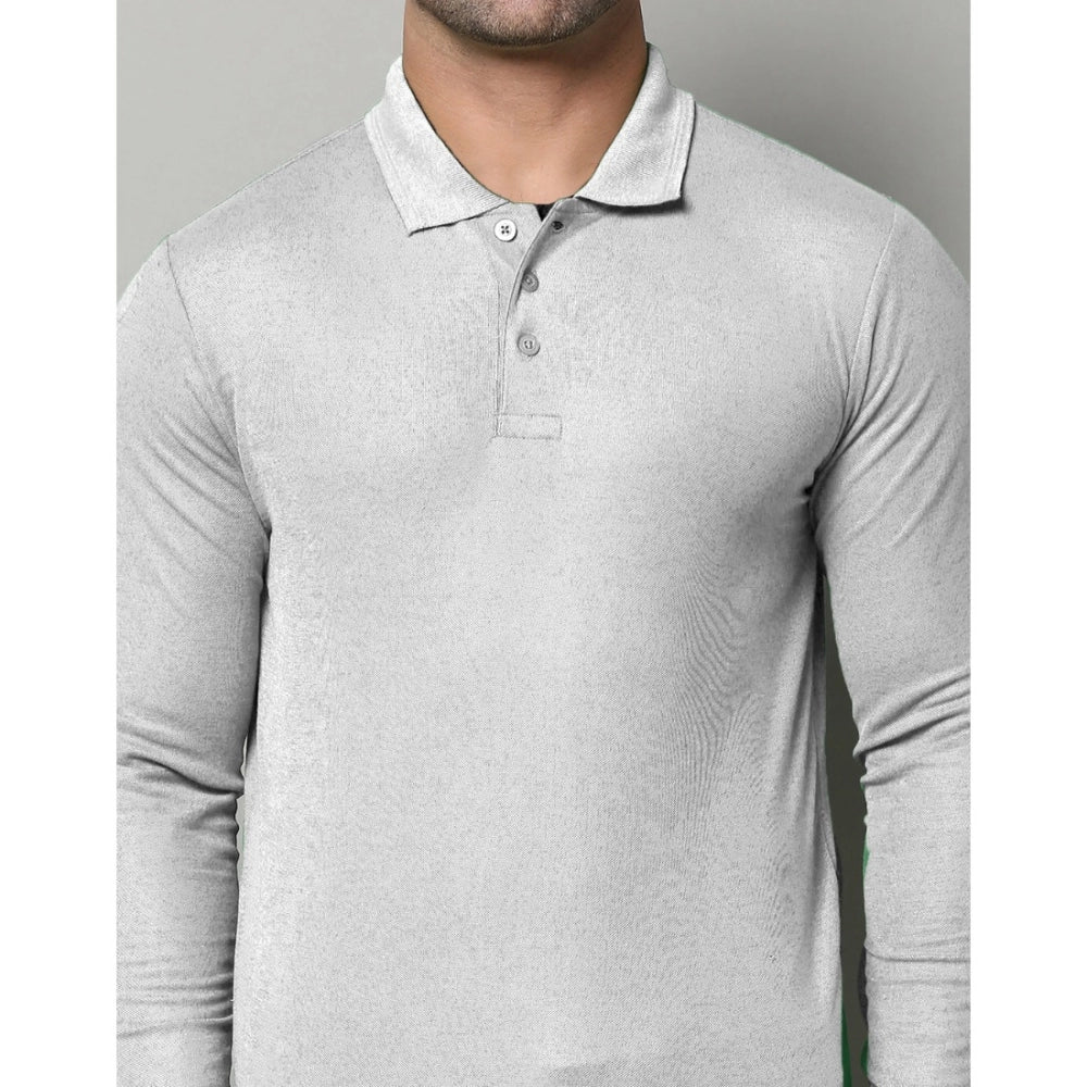 Men's Casual Full Sleeve Solid Cotton Blended Polo Neck T-shirt (L.Grey)