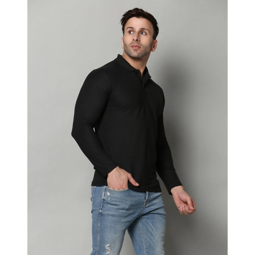 Men's Casual Full Sleeve Solid Cotton Blended Polo Neck T-shirt (Black)