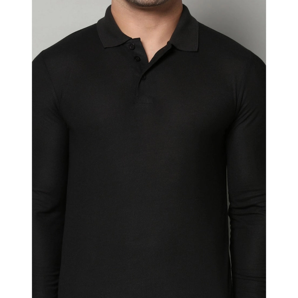 Men's Casual Full Sleeve Solid Cotton Blended Polo Neck T-shirt (Black)