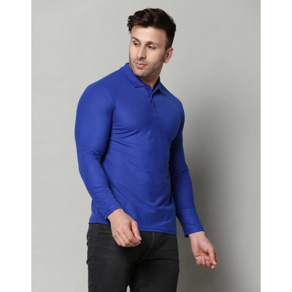 Men's Casual Full Sleeve Solid Cotton Blended Polo Neck T-shirt (Royal)