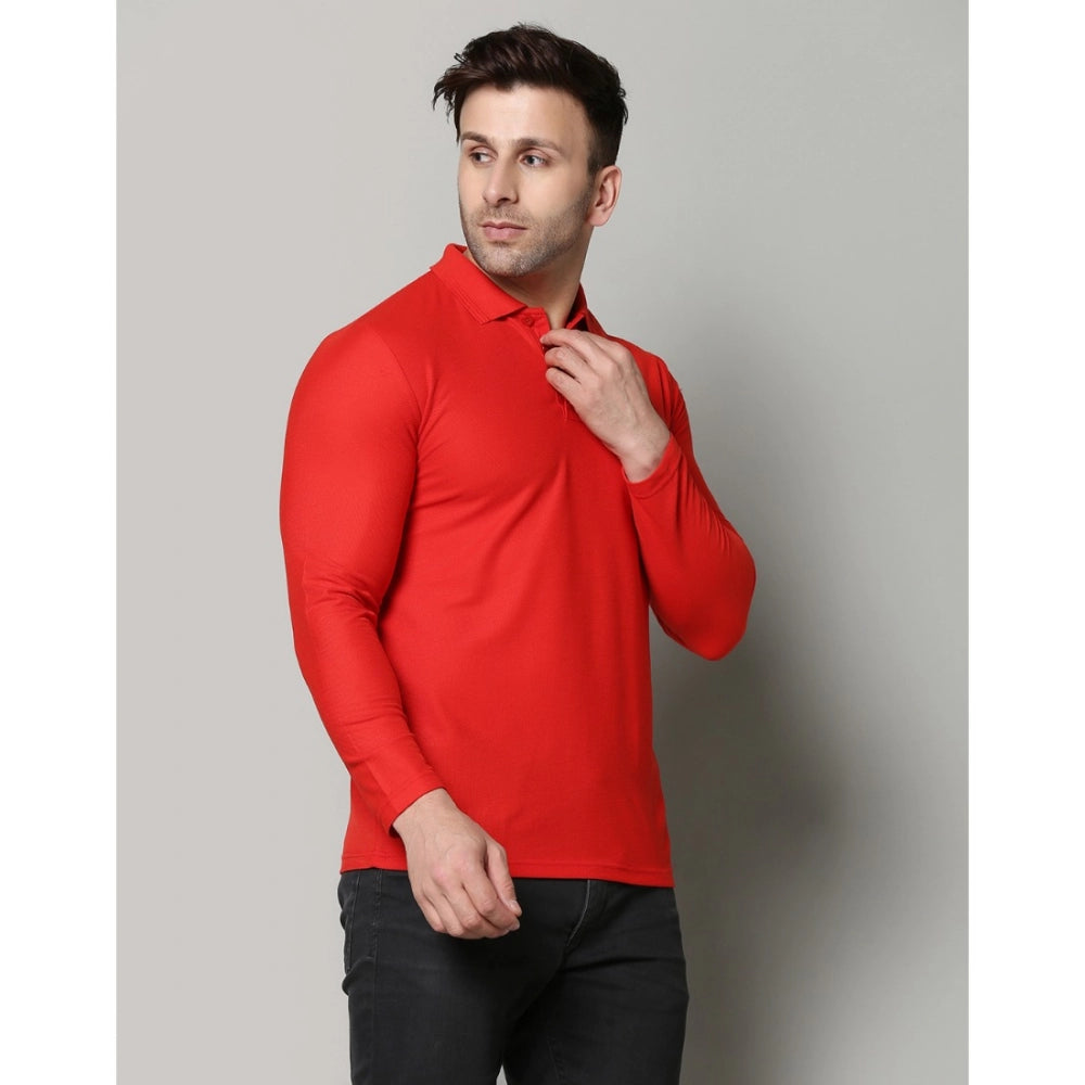 Men's Casual Full Sleeve Solid Cotton Blended Polo Neck T-shirt (Red)