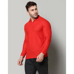 Men's Casual Full Sleeve Solid Cotton Blended Polo Neck T-shirt (Red)