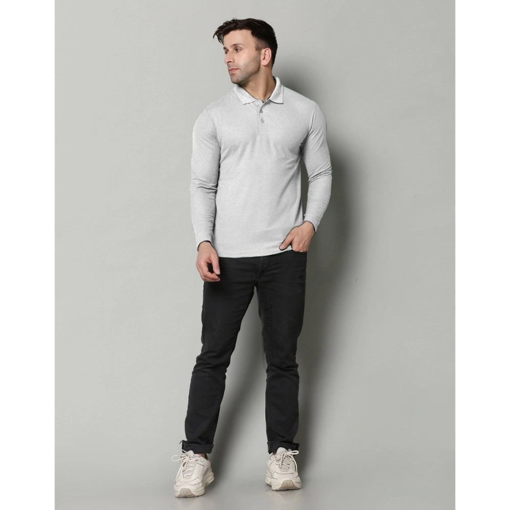 Men's Casual Full Sleeve Solid Cotton Blended Polo Neck T-shirt (L.Grey)