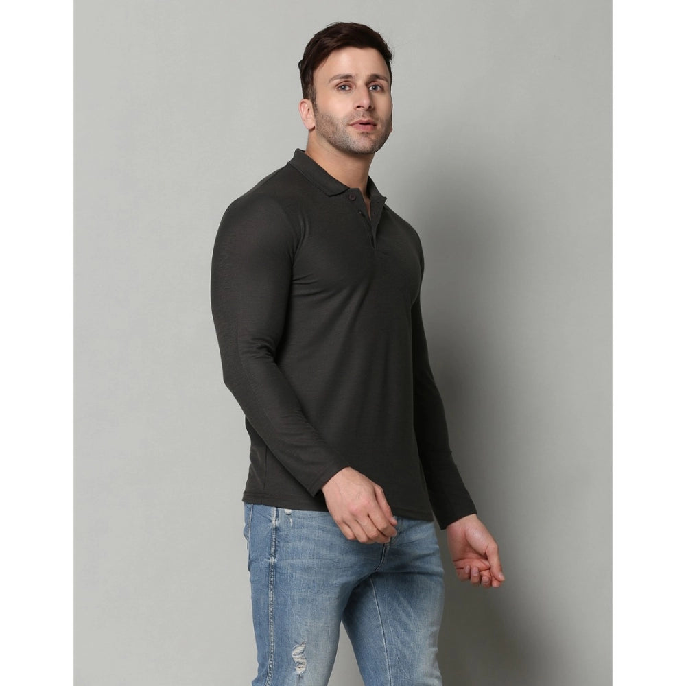 Men's Casual Full Sleeve Solid Cotton Blended Polo Neck T-shirt (D.Grey)