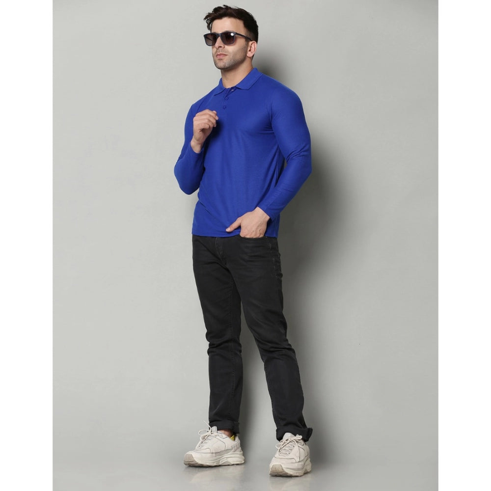 Men's Casual Full Sleeve Solid Cotton Blended Polo Neck T-shirt (Royal)