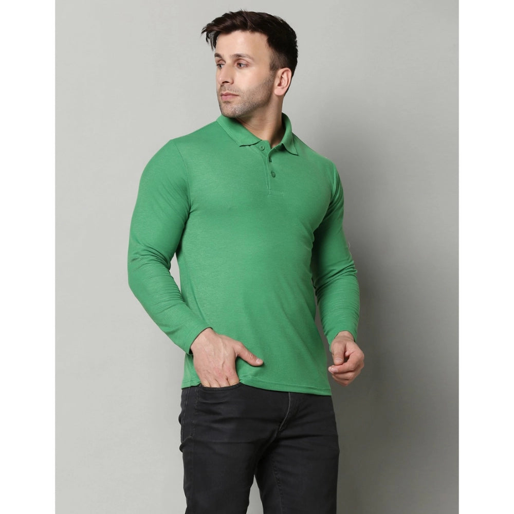 Men's Casual Full Sleeve Solid Cotton Blended Polo Neck T-shirt (P.Green)