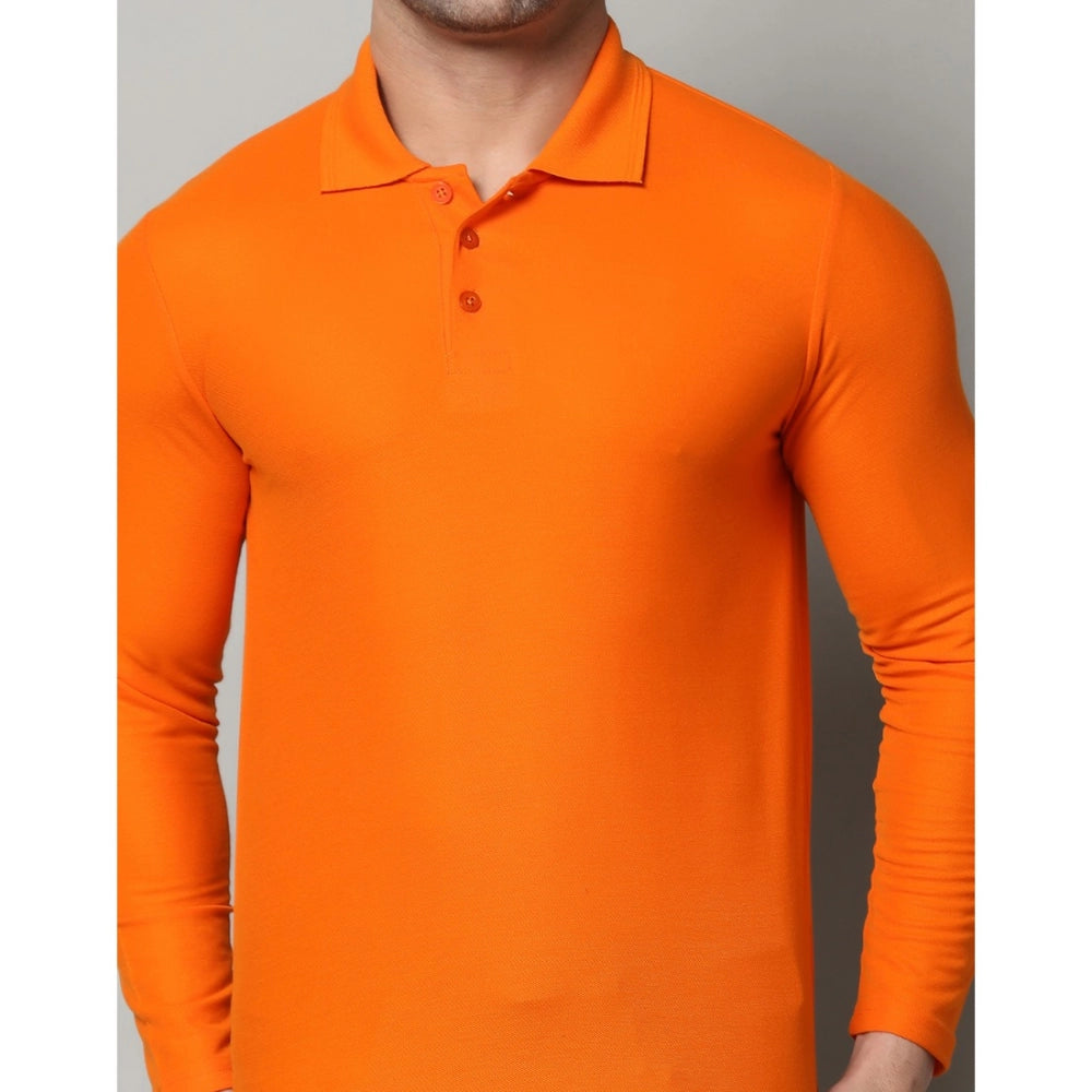 Men's Casual Full Sleeve Solid Cotton Blended Polo Neck T-shirt (Orange)